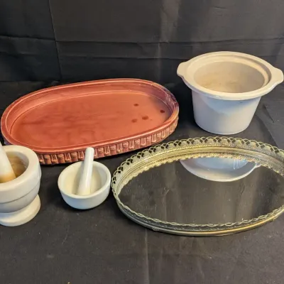 Vintage Home Decor & Kitchenware Lot: Mirrored Vanity Tray, Mortar & Pestle Sets, Ceramic Liner,