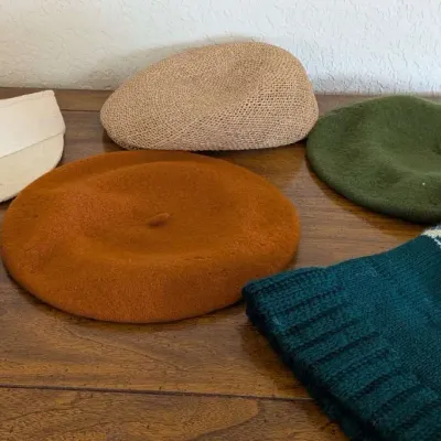 Vintage Accessories Lot - Berets, Dorfman Pacific Straw Cap, Knit Beanie, Visor & Leather Belt