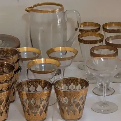Vintage Gold Encrusted Barware Stemware Lot Moorish Tumblers Rose Coupes