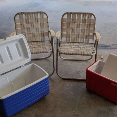 Vintage Outdoor Lot - (2) Webbed Folding Lawn Chairs, Thermos & Fiesta Coolers