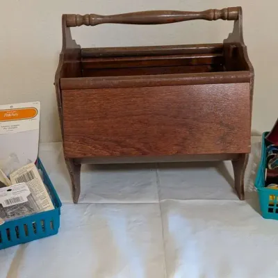 Vintage Wooden Sewing Caddy & Craft Supplies Bundle