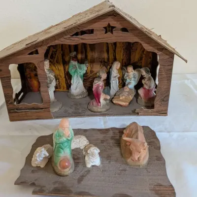 Vintage Nativity Set Wood Stable Hand Painted Composition Figures Christmas