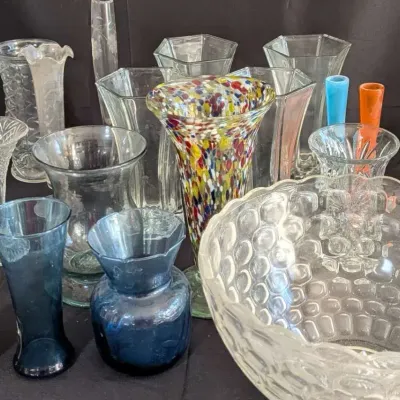 Vintage Glass Vase Collection Confetti Art Glass Etched Colorful Assortment