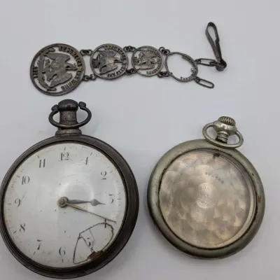 Antique Victorian Key-Wind Pocket Watch, Illinois Nickel Silver Display Case & Cut-Coin Fob Group