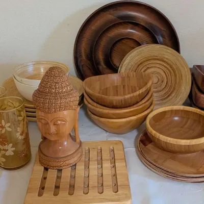 Vintage Wood Treenware Lot Carved Buddha Bamboo Bowls Amber Daisy Glasses