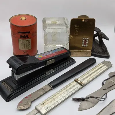 Antique 9-Pc Desk & Advertising Lot: 1890s Whitehead & Hoag, Bone Slide Rule, Swan Iron & More