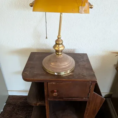 Vintage Vintage Brass Desk Lamp & Wooden Telephone Stand / Nightstand Lot - SEE Damages