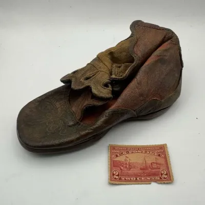 Antique Victorian Leather Baby/Doll Shoe & 1909 Hudson-Fulton Commemorative Stamp Lot