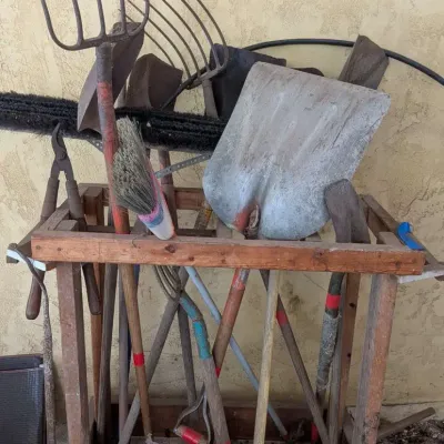 Vintage Garden & Yard Tool Assortment with Mobile Wooden Storage Rack