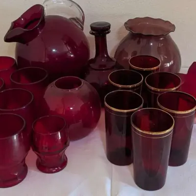 Vintage Ruby Red Amberina Art Glass Lot Ball Pitcher Decanter Bowls Tumblers