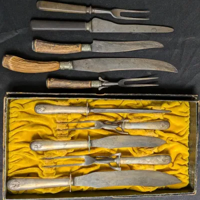 Antique Carving Set Lot Antler Handle Knives Silverplate Set Boxed WM Rogers