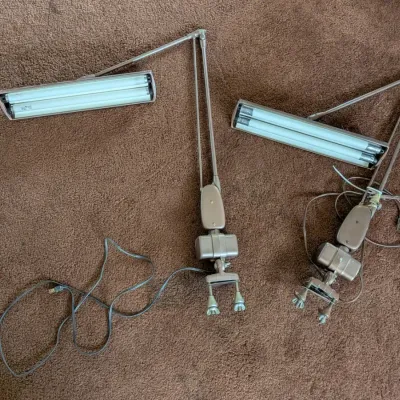Pair of Vintage Dazor Floating Arm Industrial Task Lamps – Clamp-On Drafting / Bench Lights