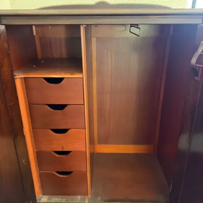 Vintage Walnut Veneer Gentleman's Armoire Wardrobe Cabinet – Inlay Doors, Drawers & Hanging Rack
