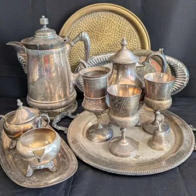 Antique Silverplate Tea Set Engraved Teapot Candelabra Dishes