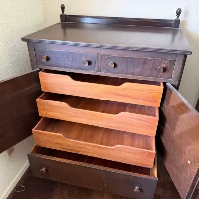 Vintage Dark Wood Chifferobe Dresser Cabinet – 6 Drawers, Double Doors & Turned Legs