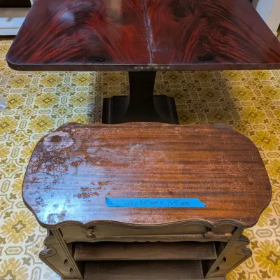 Antique Flame Mahogany Flip-Top Game Table & Vintage Side Table w/ Magazine Rack (2-Piece Lot)