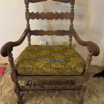 Vintage Spanish Revival Carved Wood Armchair with Floral Brocade CushionAL