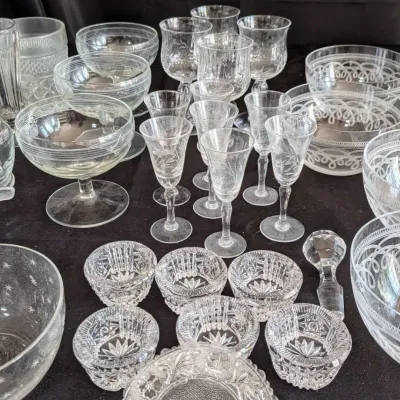 Vintage Clear Crystal Glassware Collection Cut Etched Stemware Bowls Plates