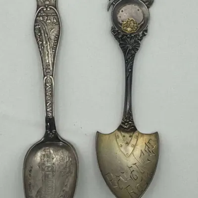 Antique Souvenir Spoons Lot - 1901 Pan-American Exposition & Colorado Prospector Shovel Spoon (2 Pie