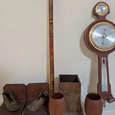 Antique Curiosities Lot Weather Station Barometer Baby Shoes Painted Cane