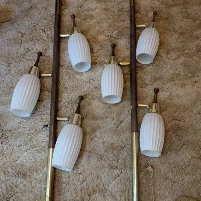 Vintage Mid-Century Tension Pole Lamps Set Ribbed Glass Shades Brass