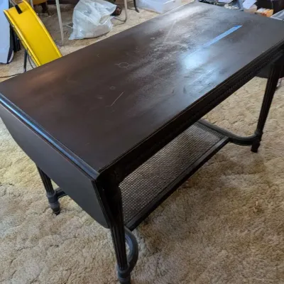 Antique Black Drop Leaf Table Reeded Legs Caned Shelf Extends 71 Inches - ONE LEAF NOT WORKING