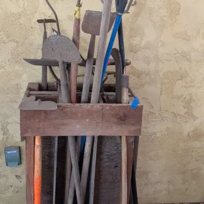 Vintage Garden & Hand Tool Assortment with Rustic Wooden Caddy. (#2)