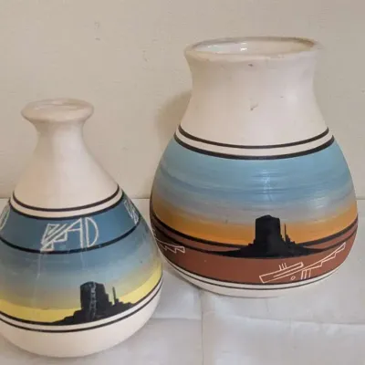 Signed Navajo Pottery Vases Pair Hand Painted Monument Valley Sunset Scene - See Cracks