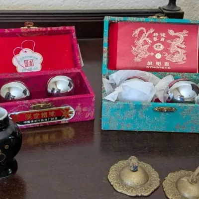 Chinese Baoding Health Balls Boxed Set Lot Asian Decor Teacup Cymbals