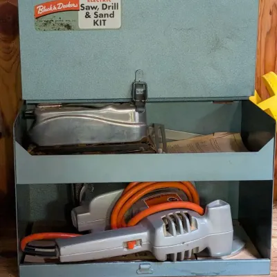 Vintage 1950s Black & Decker Electric Saw, Drill & Sand Kit in Metal Carrying Case