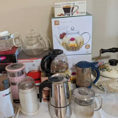 Tea Coffee Lot New Boxed Glass Teapots Vintage Enamel Kettle Grinders