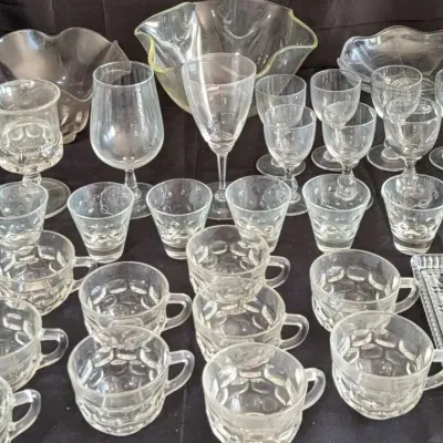 Vintage Clear Glass Thumbprint Punch Cups Ruffled Bowls Goblets Lot