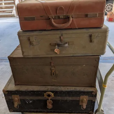 Vintage Luggage & Footlocker Trunk Stack featuring 1940s WWII-Era Footlockers & Vintage Pan Am Bag