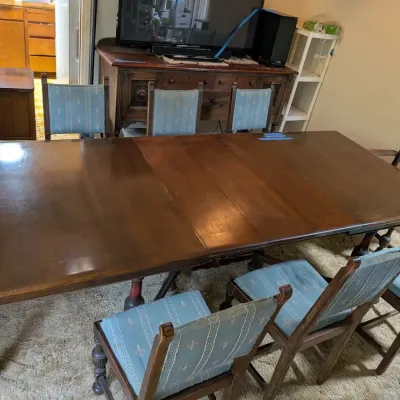 Vintage Jacobean Revival Solid Wood Extension Dining Table & 8 Upholstered Chairs