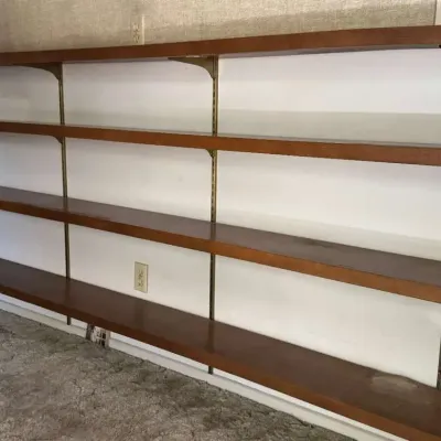 Mid-Century Modern Style Wall-Mounted Shelving Unit – 4 Wooden Shelves & Brass Standards (108.75" W)