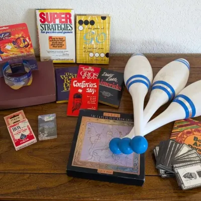 Vintage Board Games, Books, Playing Cards, & Juggling Clubs Collection Lot