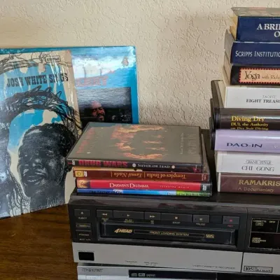 Vintage Media Lot: Mitsubishi VCR, Sony DVD Player, Vinyl Albums, VHS Tapes & DVDs