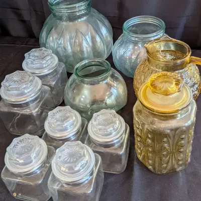 Vintage Glass Storage Jars Amber Pitcher Set Aqua Pumpkin Jars Kitchen Lot