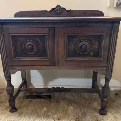 Antique Jacobean Revival Hand-Painted Wooden Server Credenza