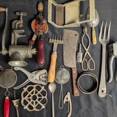 Vintage Kitchen Gadget Lot Merit Meat Grinder Gilchrist Cleaver Corkscrews