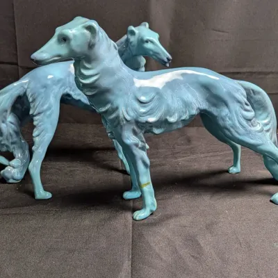 Art Deco Turquoise Ceramic Borzoi Dog Figurines Pair Large Statues - LOTS OF DAMAGE