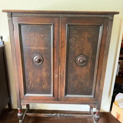 Antique Hand-Painted Wooden Linen Armoire Cabinet – Floral Inlay Detail & Shelving