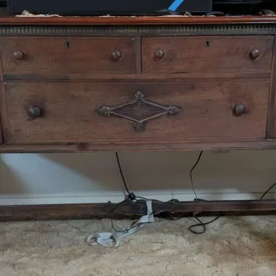 Vintage Jacobean Revival Solid Wood Sideboard Credenza - Hand-Painted Floral Accents