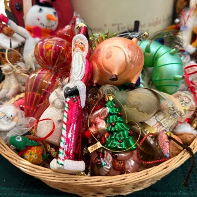 Basket of blown glass Christmas ornaments