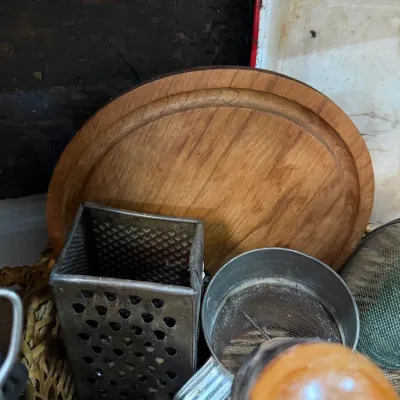 Vintage box grater sifter and wood cutting board