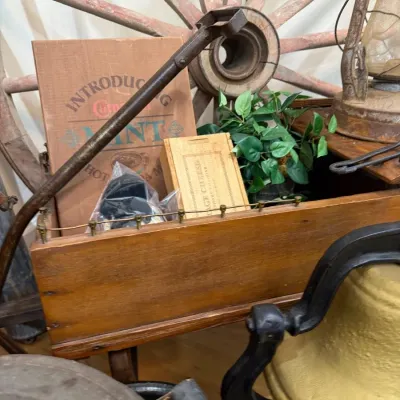 Primitive wooden tool tote with advertising crates