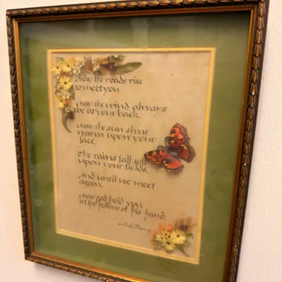 Framed Irish blessing calligraphy with pressed flowers