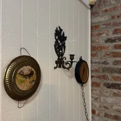Brass wall tray, iron candle sconce and hanging scale