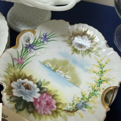 Hand painted porcelain cake plate with swans and roses