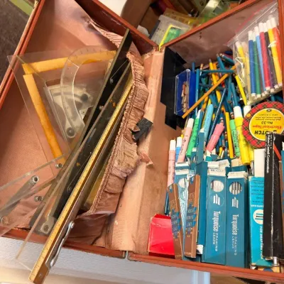Vintage artist case with Turquoise drafting pencils and triangles